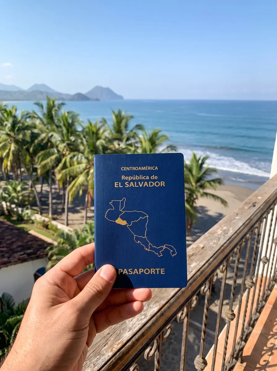 El Salvador passport held above a palm-lined Pacific beach