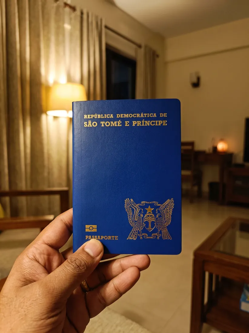 São Tomé and Príncipe passport held in a lamp-lit room at night
